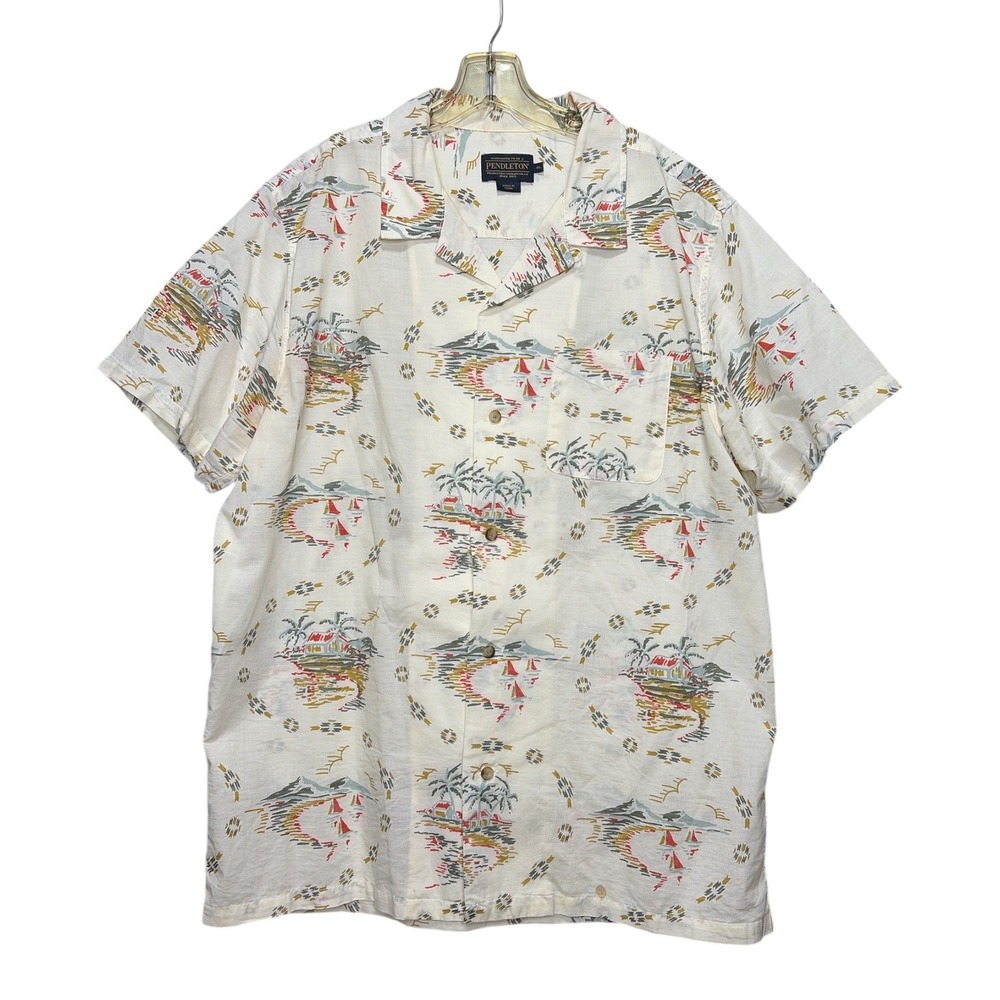 Pendleton Mens XL Tropical Island Sailboat Print Cotton Short Sleeve Camp Shirt